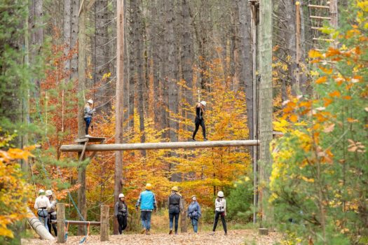 Students doing an outdoor ropes course.