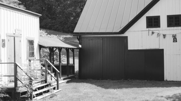 A black and white view of the outside of a building.