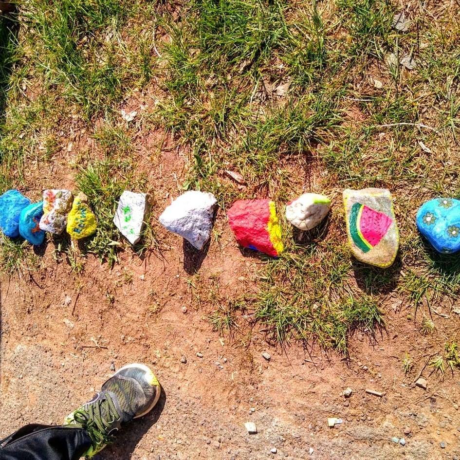 A line of colorfully painted rocks lined up on the side of the road.