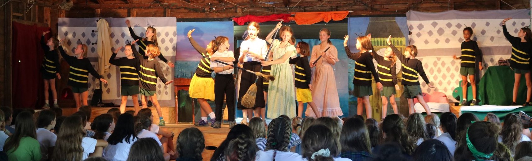 Hive Performing Arts putting on a show with campers singing dressed like bees.