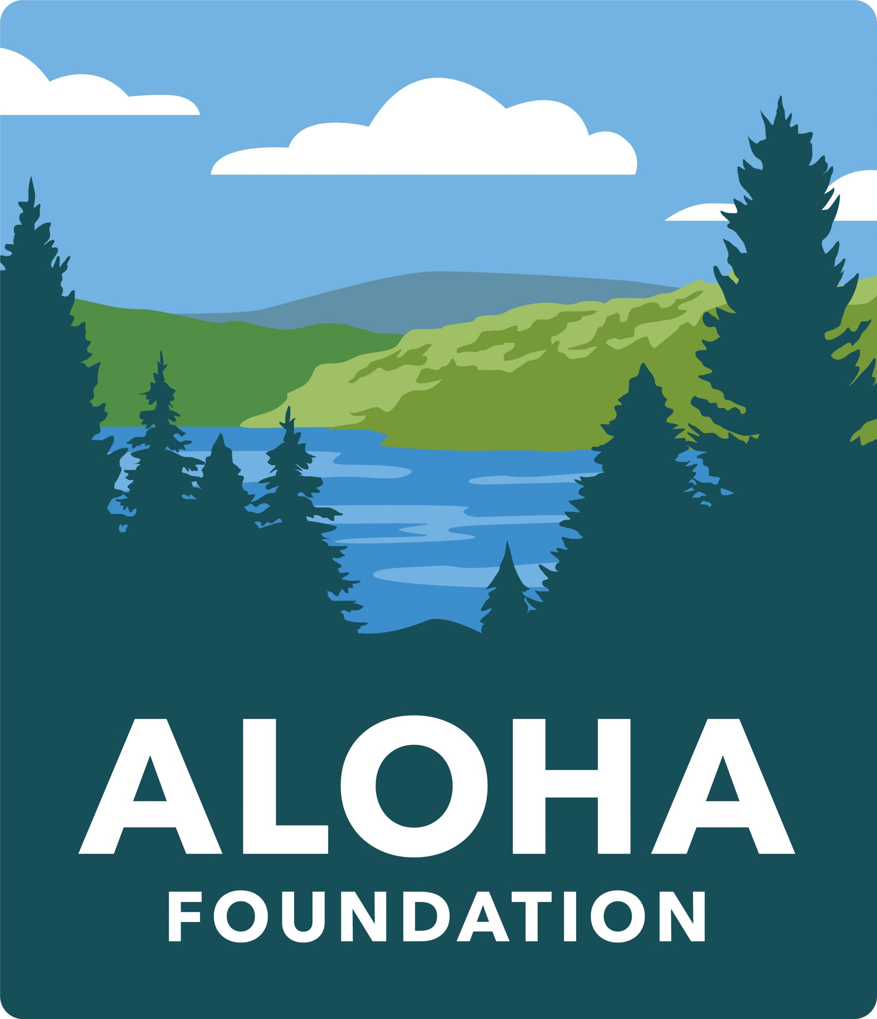 The Aloha Foundation logo with pine trees, the lake, and the blue sky.