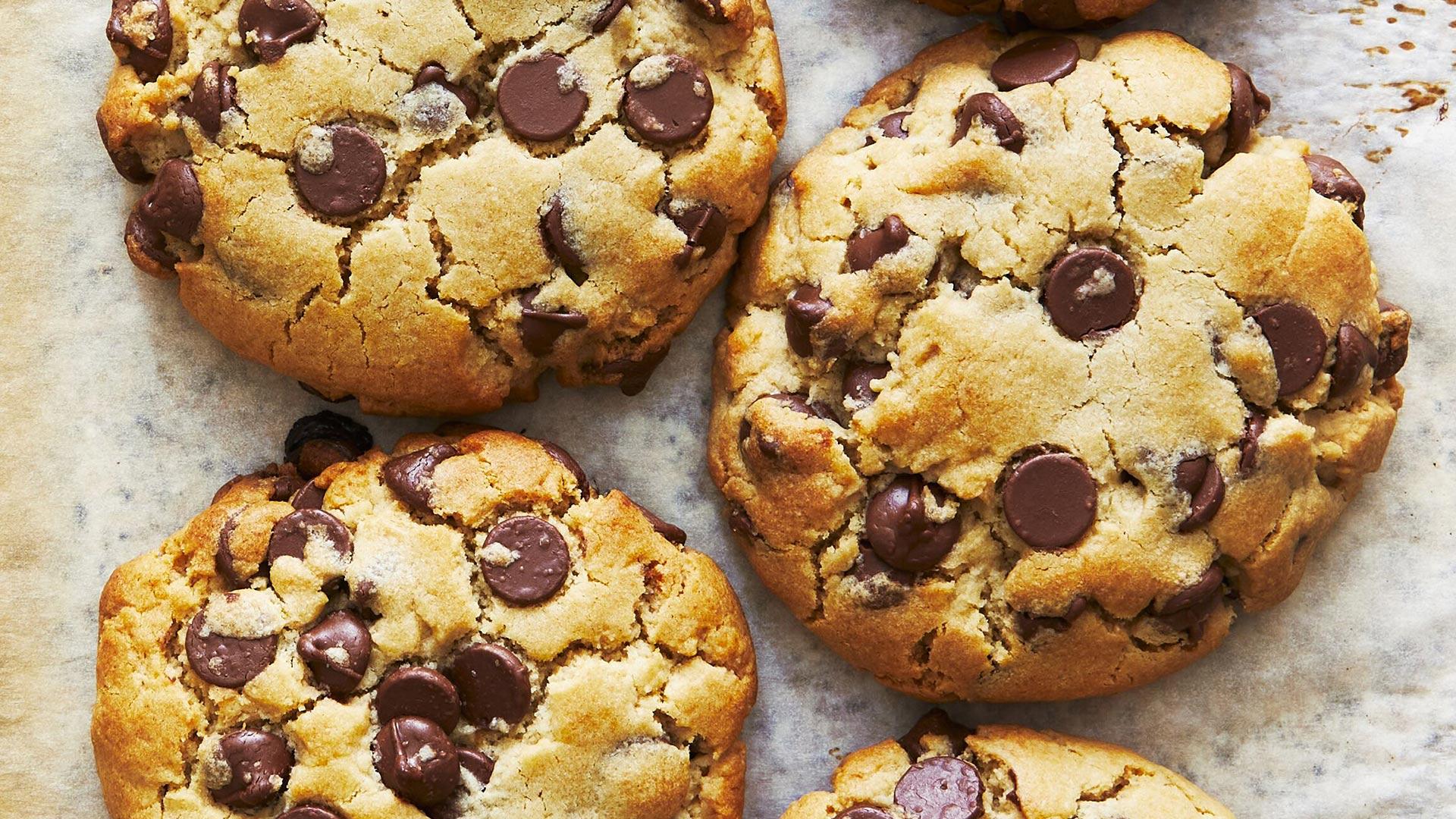 A zoomed in picture of chocolate chip cookies.