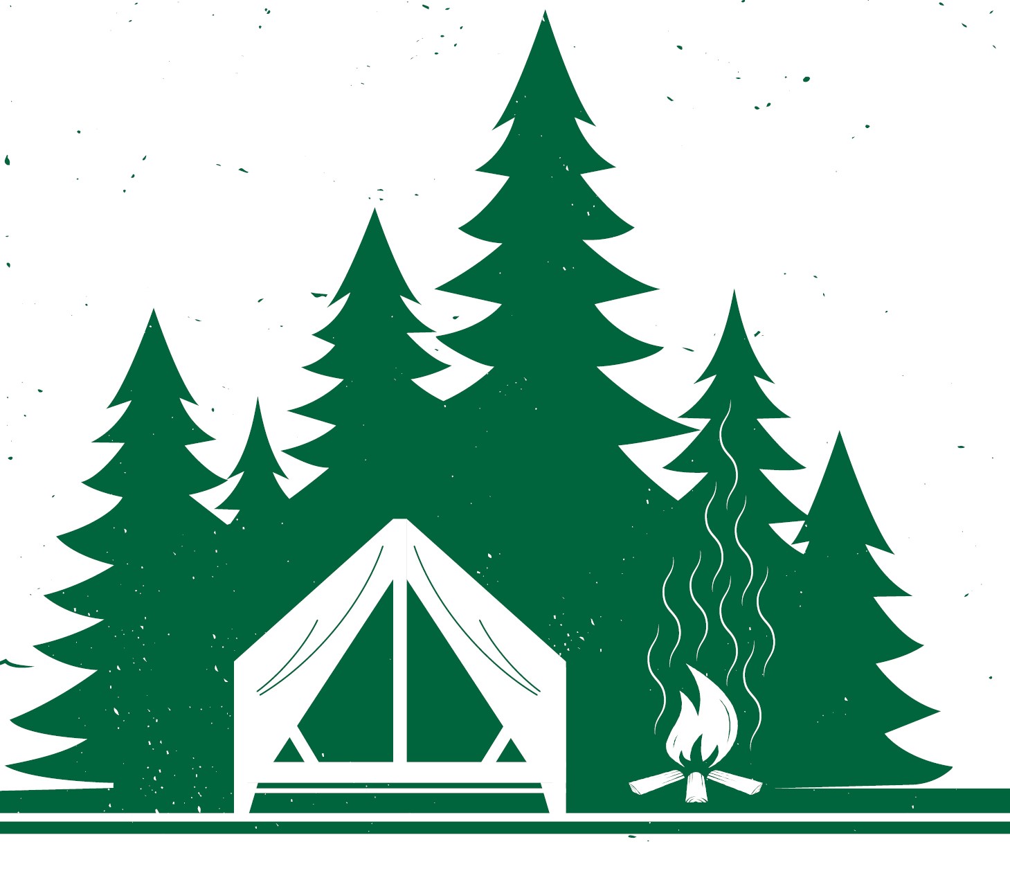 A design of pine tress, a platform tent, and a fire.