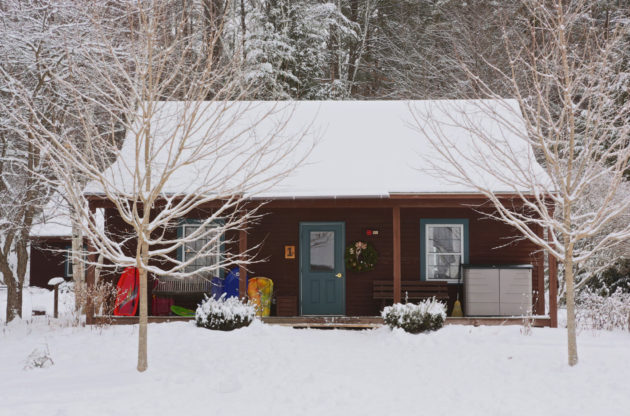 A cabin in the winter.