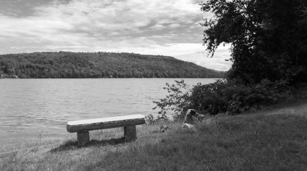 A black and white view of a bench at the shore of a lake.
