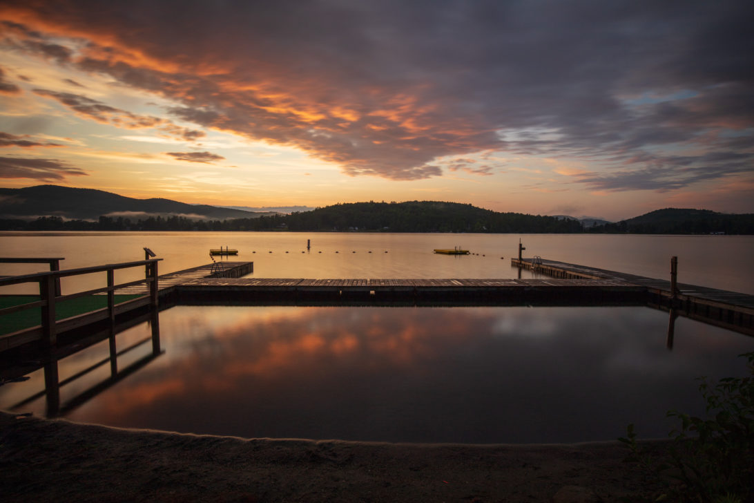 The Ohana docks on the lake at sunset.